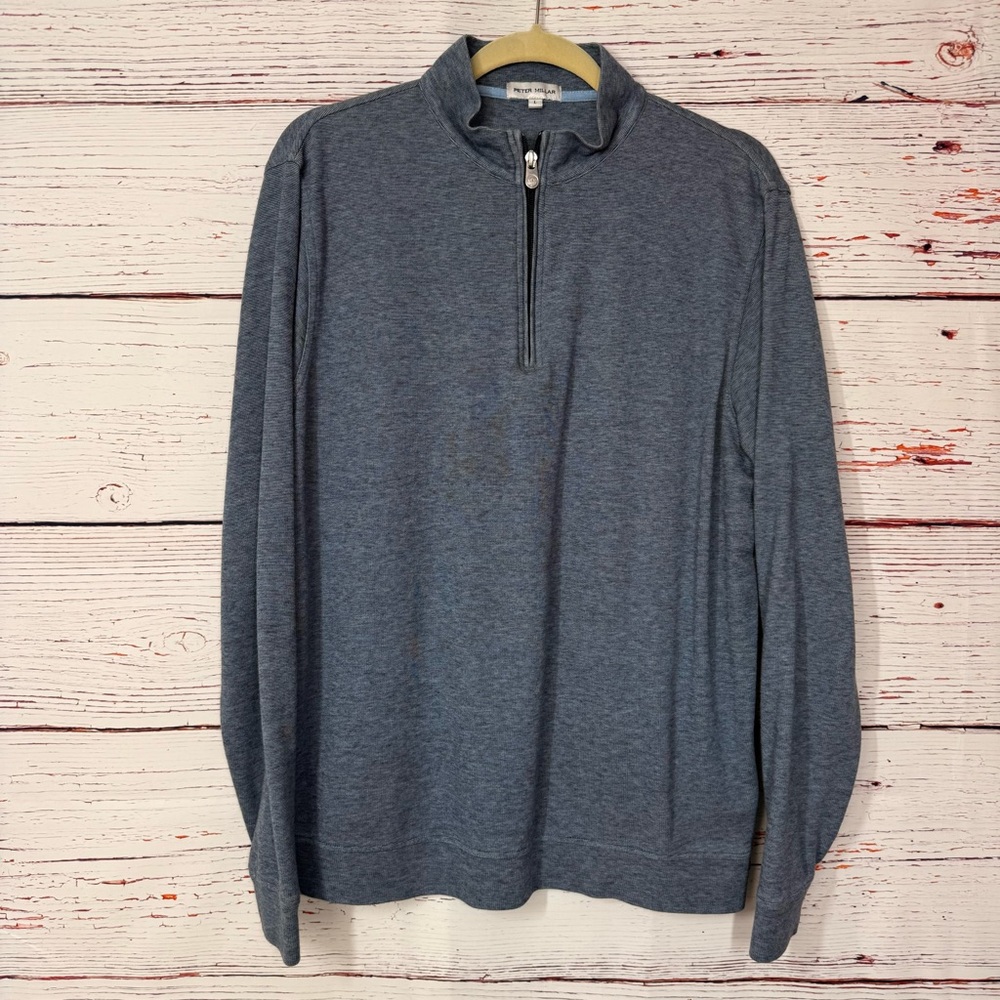 Peter Millar 1/4 Zip Pullover Men's Large Blue Gray Preppy Knit Pullover Golf